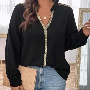 SHEIN gold Sequin and Black Blouse, Plus 4X